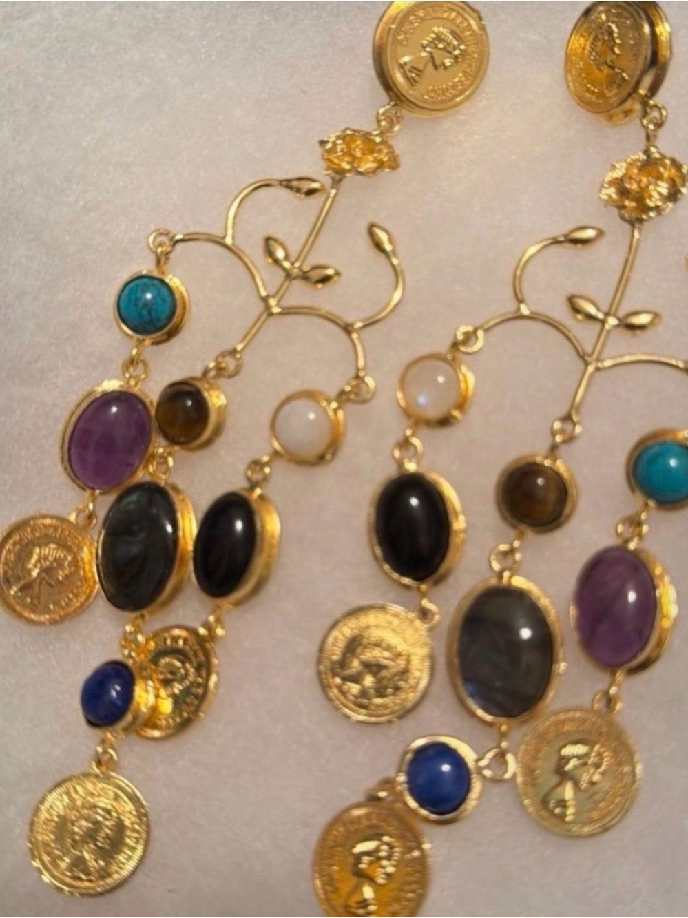 Gold Multi-Stone Dangle Earrings with Colorful Gem Accents Queen Elizabeth
